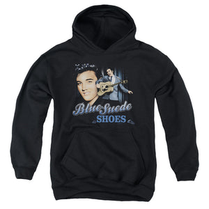AN OFFCIALLY LICENSED ELVIS PRESLEY BLUE SUEDE SHOES YOUTH HOODIE BLACK