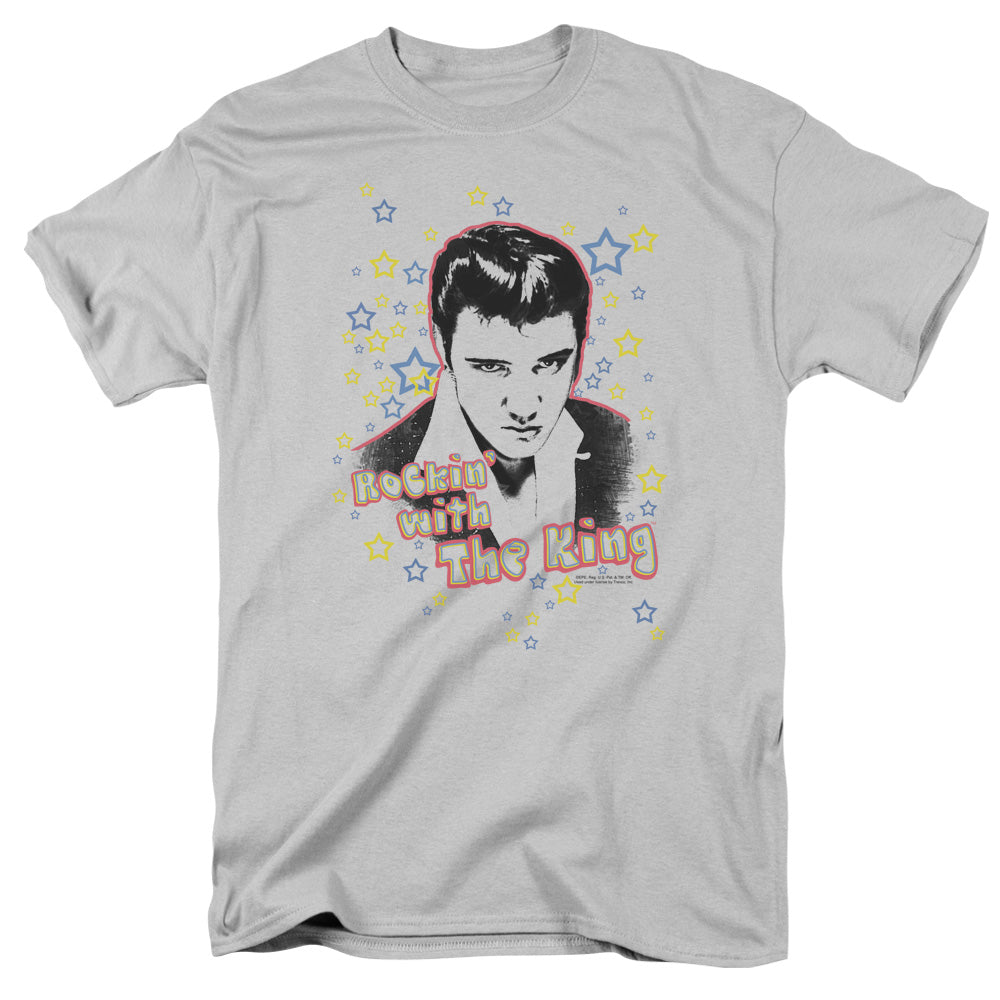 AN OFFCIALLY LICENSED ELVIS PRESLEY ROCKIN WITH THE KING MEN'S REGULAR FIT T-SHIRT SILVER