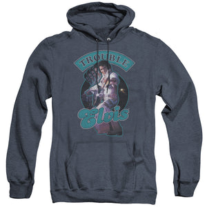 AN OFFCIALLY LICENSED ELVIS PRESLEY TOTAL TROUBLE ADULT UNISEX HEATHER PULLOVER HOODIE NAVY