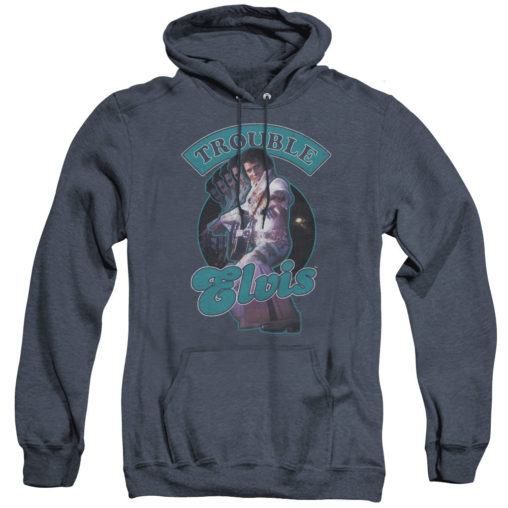 AN OFFCIALLY LICENSED ELVIS PRESLEY TOTAL TROUBLE ADULT UNISEX HEATHER PULLOVER HOODIE NAVY