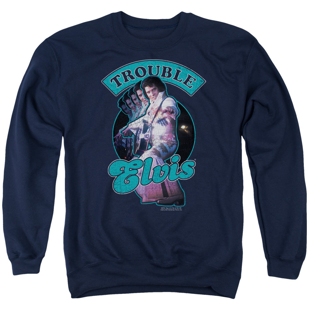 AN OFFCIALLY LICENSED ELVIS PRESLEY TOTAL TROUBLE ADULT UNISEX CREWNECK SWEATSHIRT NAVY