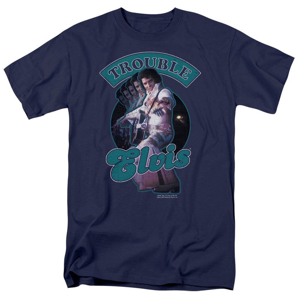 AN OFFCIALLY LICENSED ELVIS PRESLEY TOTAL TROUBLE MEN'S REGULAR FIT T-SHIRT NAVY