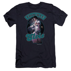AN OFFCIALLY LICENSED ELVIS PRESLEY TOTAL TROUBLE MEN'S PREMIUM SLIM FIT T-SHIRT NAVY