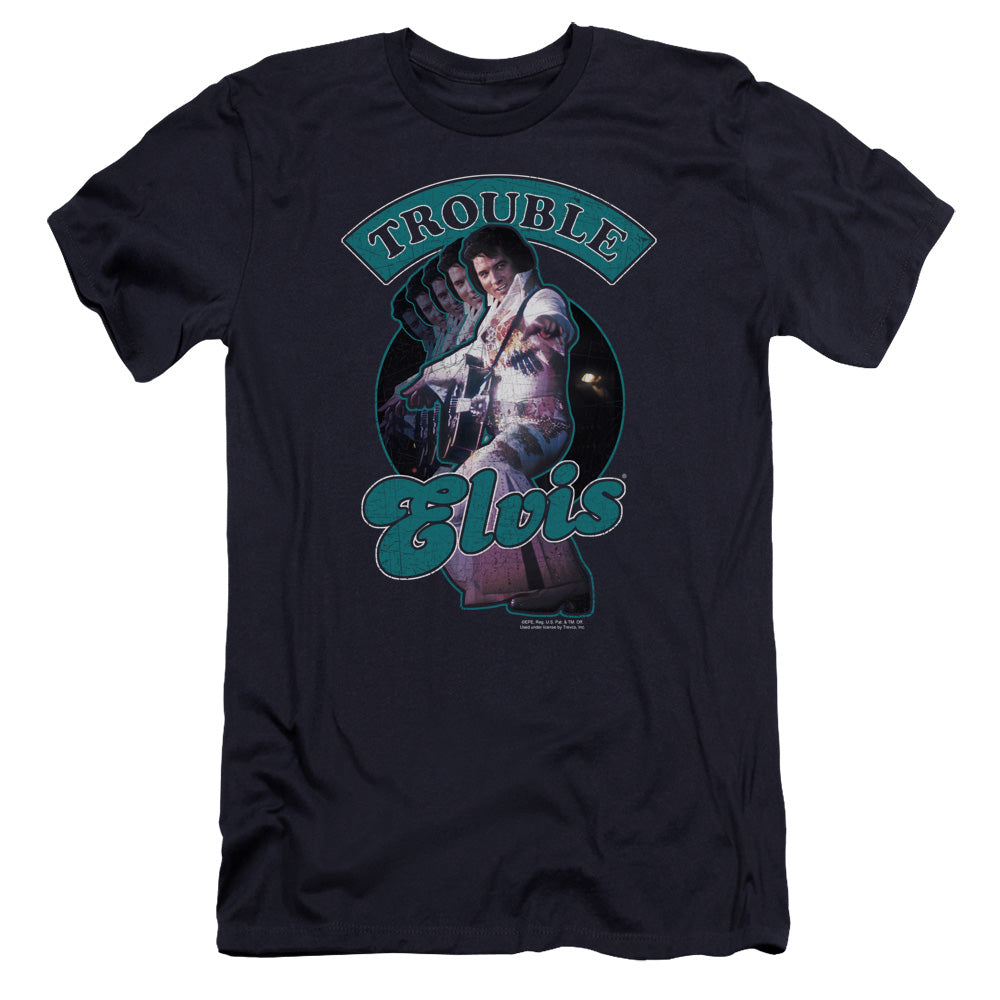 AN OFFCIALLY LICENSED ELVIS PRESLEY TOTAL TROUBLE MEN'S PREMIUM SLIM FIT T-SHIRT NAVY