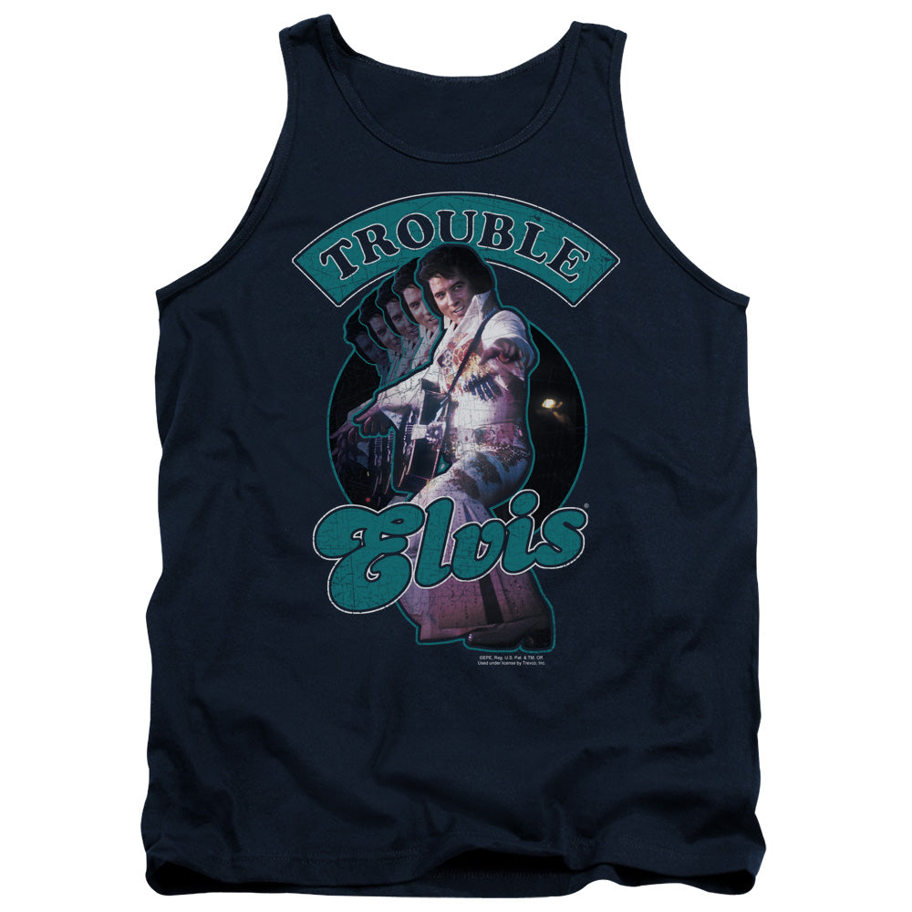 AN OFFCIALLY LICENSED ELVIS PRESLEY TOTAL TROUBLE ADULT UNISEX TANK TOP NAVY