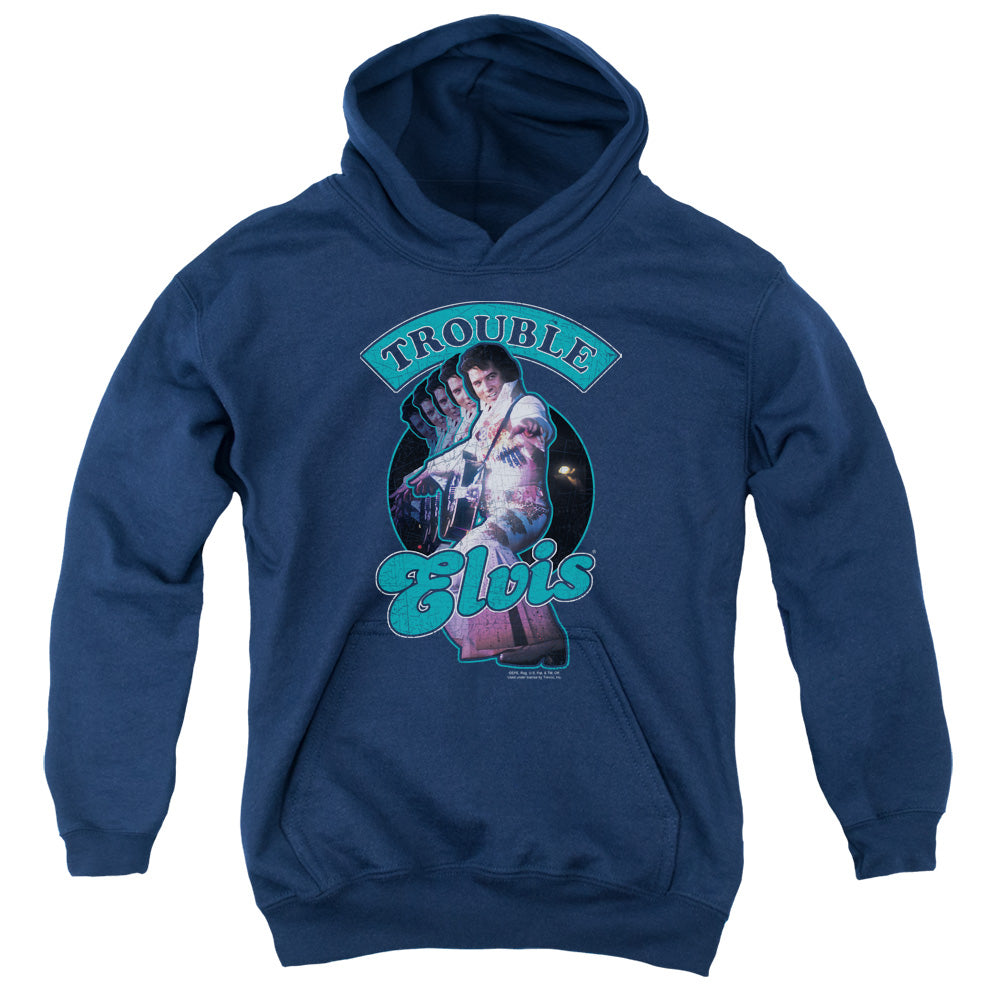 AN OFFCIALLY LICENSED ELVIS PRESLEY TOTAL TROUBLE YOUTH HOODIE NAVY
