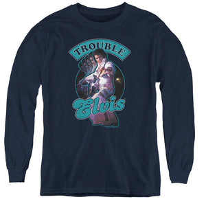 AN OFFCIALLY LICENSED ELVIS PRESLEY TOTAL TROUBLE YOUTH LONG SLEEVE T-SHIRT NAVY