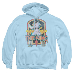 AN OFFCIALLY LICENSED ELVIS PRESLEY DISTRESSED KING ADULT UNISEX PULLOVER HOODIE LIGHT BLUE