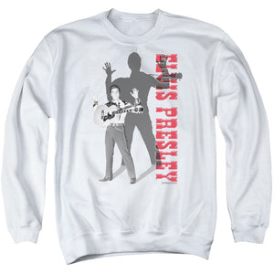 AN OFFCIALLY LICENSED ELVIS PRESLEY LOOK NO HANDS ADULT UNISEX CREWNECK SWEATSHIRT WHITE