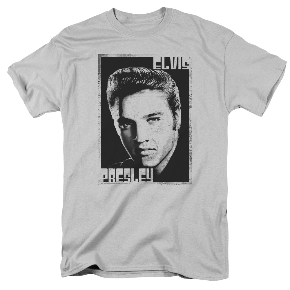 AN OFFCIALLY LICENSED ELVIS PRESLEY GRAPHIC PORTRAIT MEN'S REGULAR FIT T-SHIRT SILVER