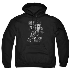 AN OFFCIALLY LICENSED ELVIS PRESLEY THE KING RIDES AGAIN ADULT UNISEX PULLOVER HOODIE BLACK