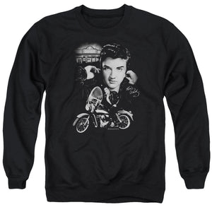 AN OFFCIALLY LICENSED ELVIS PRESLEY THE KING RIDES AGAIN ADULT UNISEX CREWNECK SWEATSHIRT BLACK