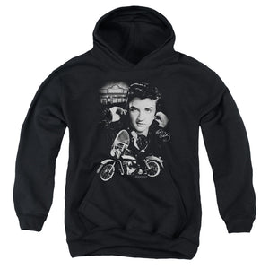 AN OFFCIALLY LICENSED ELVIS PRESLEY THE KING RIDES AGAIN YOUTH HOODIE BLACK