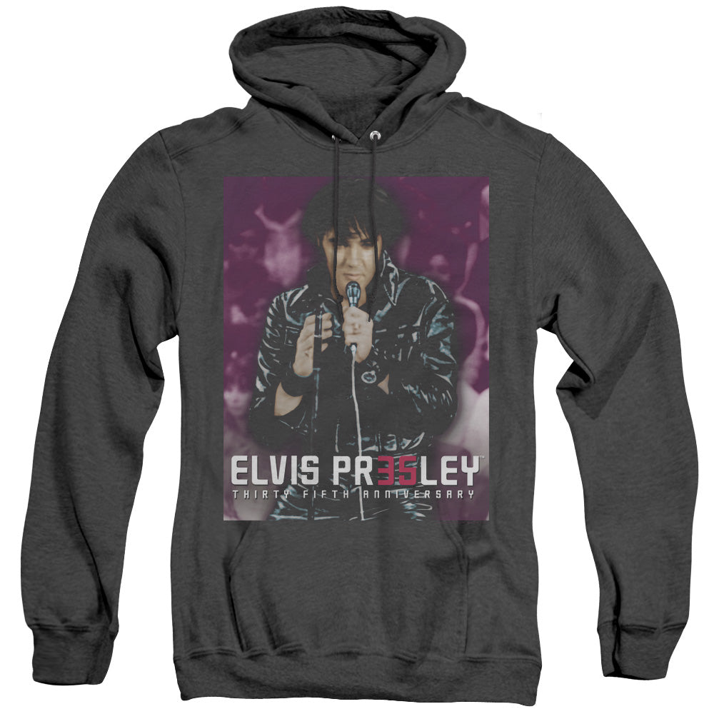 AN OFFCIALLY LICENSED ELVIS PRESLEY 35 LEATHER ADULT UNISEX HEATHER PULLOVER HOODIE BLACK