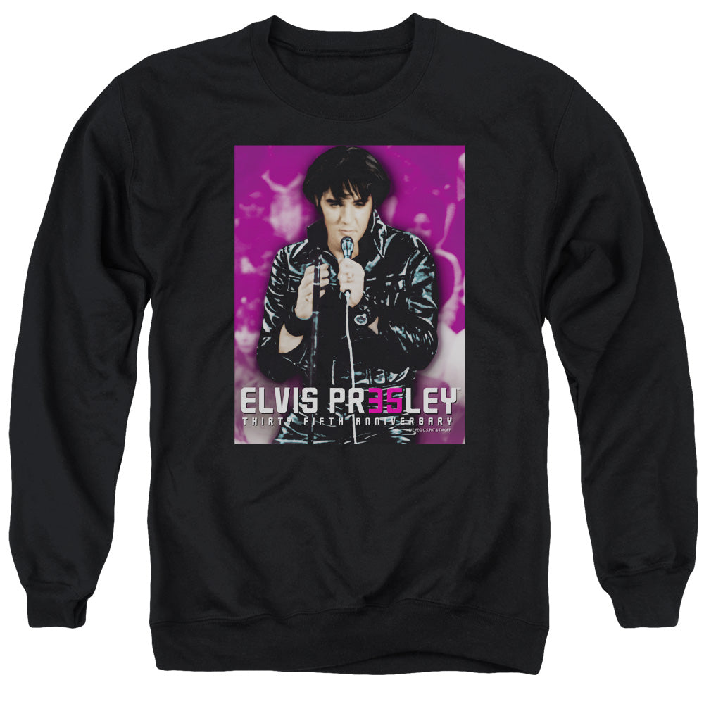 AN OFFCIALLY LICENSED ELVIS PRESLEY 35 LEATHER ADULT UNISEX CREWNECK SWEATSHIRT BLACK