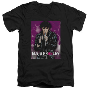 AN OFFCIALLY LICENSED ELVIS PRESLEY 35 LEATHER MEN'S V-NECK T-SHIRT BLACK