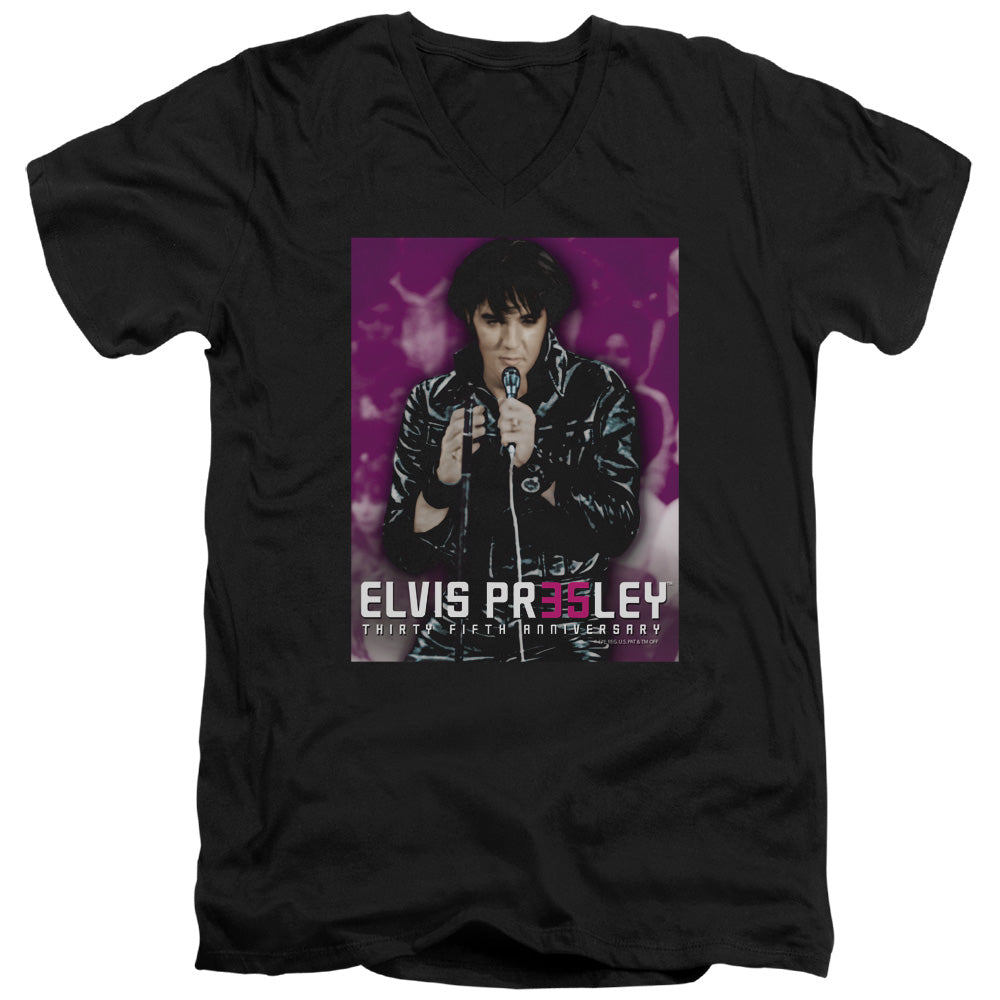 AN OFFCIALLY LICENSED ELVIS PRESLEY 35 LEATHER MEN'S V-NECK T-SHIRT BLACK