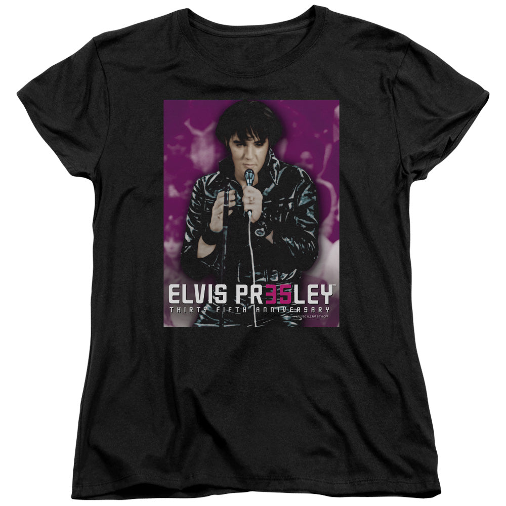 AN OFFCIALLY LICENSED ELVIS PRESLEY 35 LEATHER WOMEN'S REGULAR FIT T-SHIRT BLACK