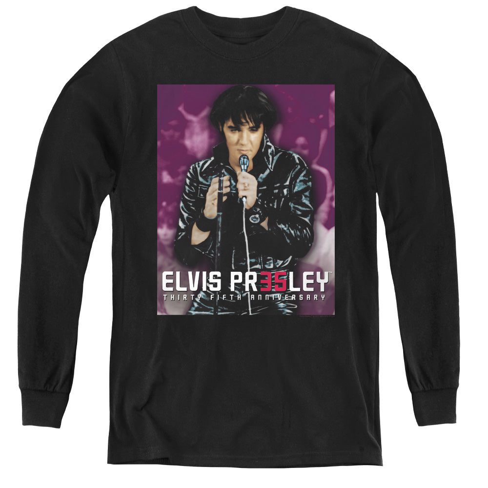 AN OFFCIALLY LICENSED ELVIS PRESLEY 35 LEATHER YOUTH LONG SLEEVE T-SHIRT BLACK