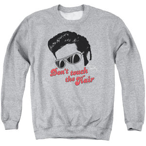 AN OFFCIALLY LICENSED ELVIS PRESLEY DONT TOUCH THE HAIR 2 ADULT UNISEX CREWNECK SWEATSHIRT ATHLETIC HEATHER