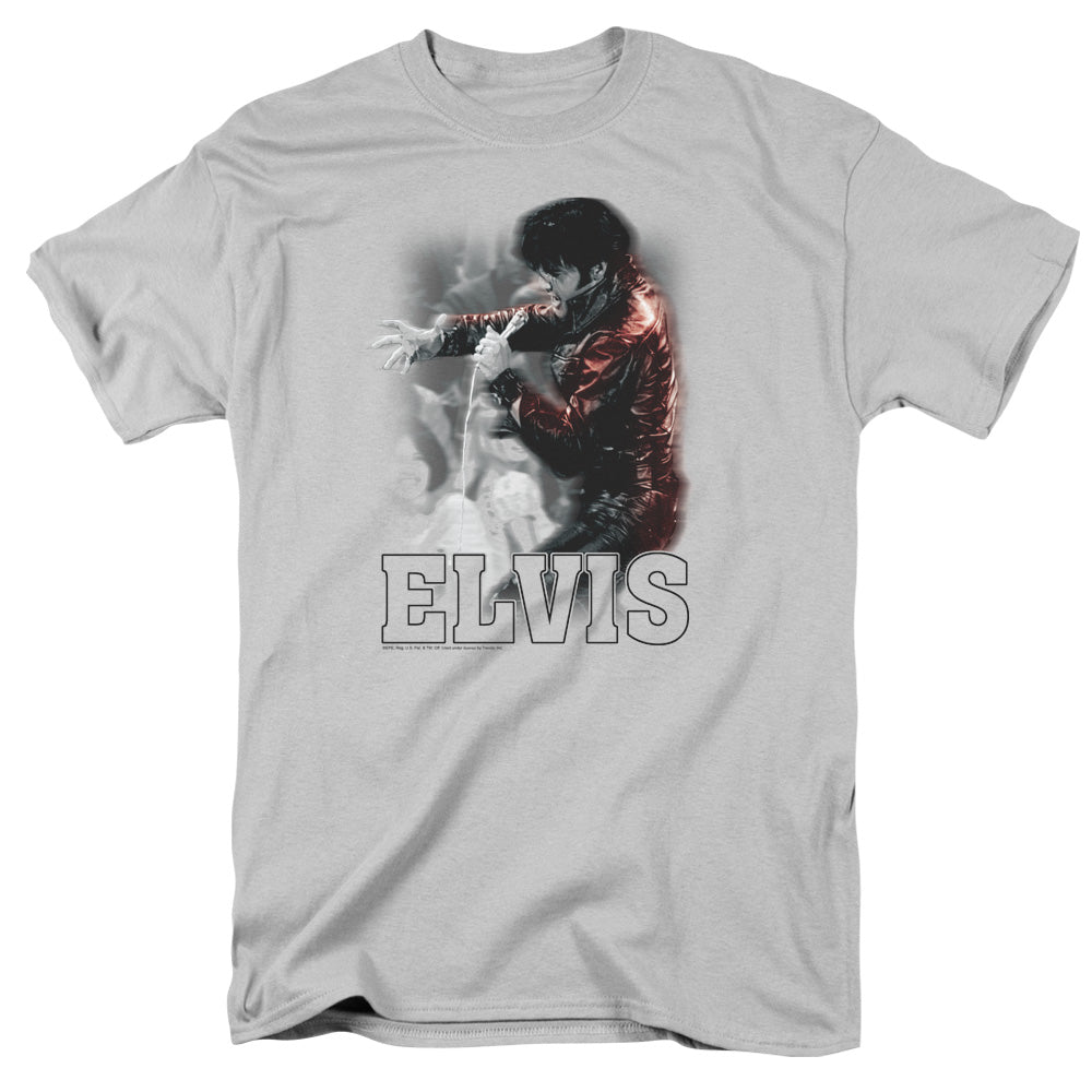 AN OFFCIALLY LICENSED ELVIS PRESLEY BLACK LEATHER MEN'S REGULAR FIT T-SHIRT SILVER