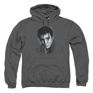 AN OFFCIALLY LICENSED ELVIS PRESLEY GREY PORTRAIT ADULT UNISEX PULLOVER HOODIE CHARCOAL