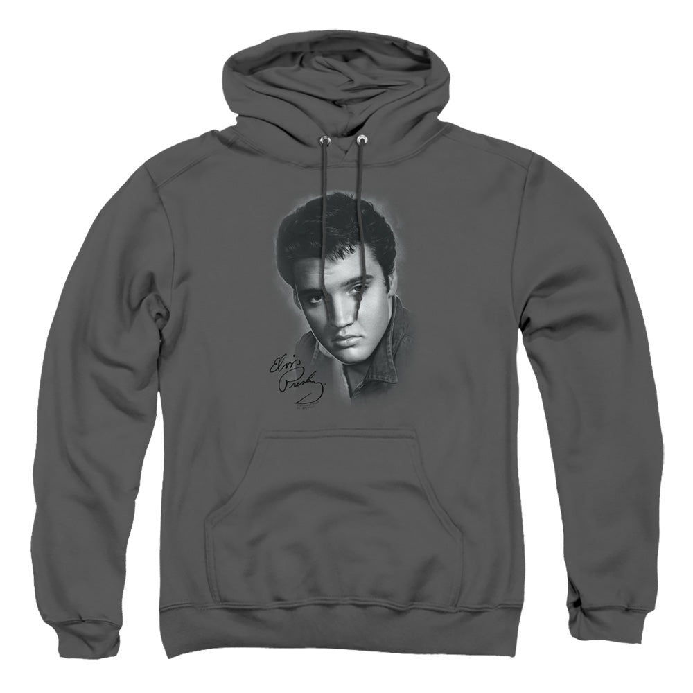 AN OFFCIALLY LICENSED ELVIS PRESLEY GREY PORTRAIT ADULT UNISEX PULLOVER HOODIE CHARCOAL