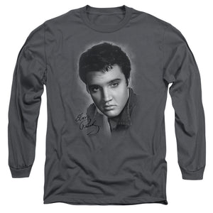 AN OFFCIALLY LICENSED ELVIS PRESLEY GREY PORTRAIT MEN'S LONG SLEEVE T-SHIRT CHARCOAL