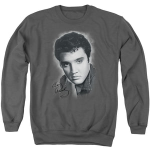 AN OFFCIALLY LICENSED ELVIS PRESLEY GREY PORTRAIT ADULT UNISEX CREWNECK SWEATSHIRT CHARCOAL