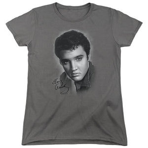 AN OFFCIALLY LICENSED ELVIS PRESLEY GREY PORTRAIT WOMEN'S REGULAR FIT T-SHIRT CHARCOAL
