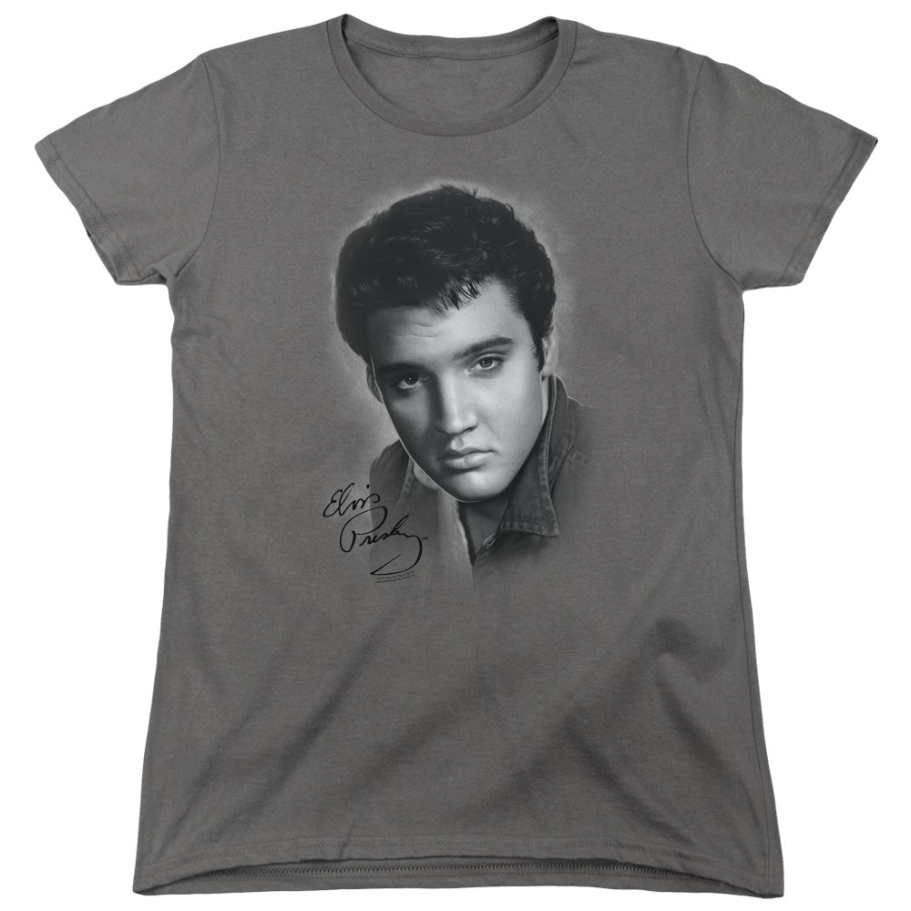 AN OFFCIALLY LICENSED ELVIS PRESLEY GREY PORTRAIT WOMEN'S REGULAR FIT T-SHIRT CHARCOAL