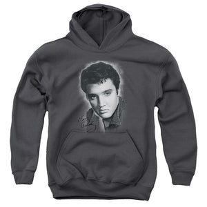AN OFFCIALLY LICENSED ELVIS PRESLEY GREY PORTRAIT YOUTH HOODIE CHARCOAL