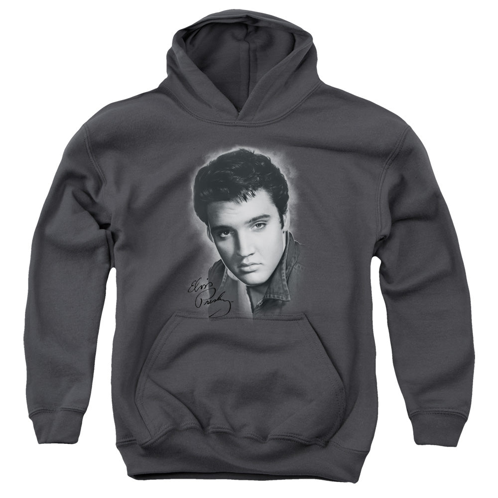 AN OFFCIALLY LICENSED ELVIS PRESLEY GREY PORTRAIT YOUTH HOODIE CHARCOAL
