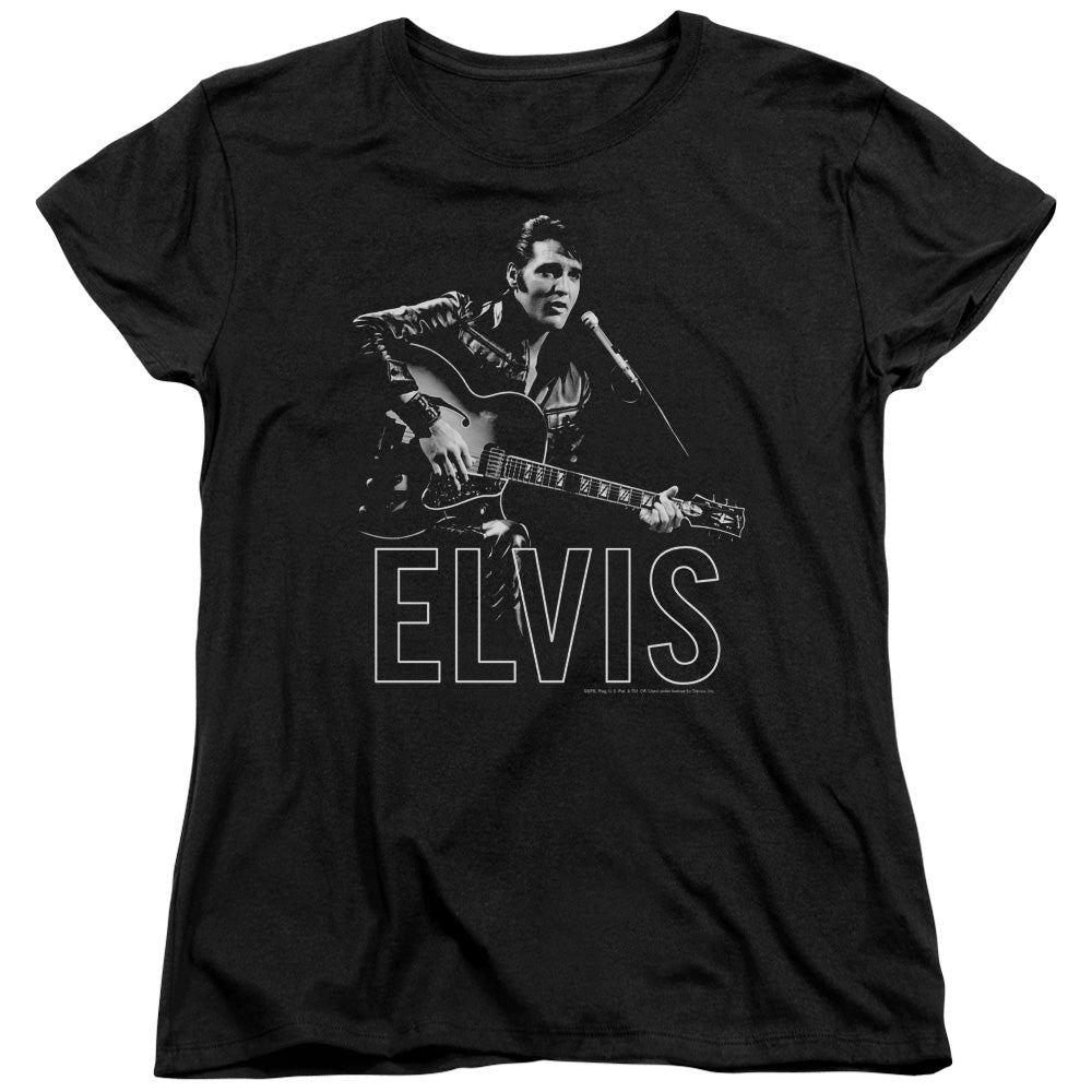 AN OFFCIALLY LICENSED ELVIS PRESLEY GUITAR IN HAND WOMEN'S REGULAR FIT T-SHIRT BLACK