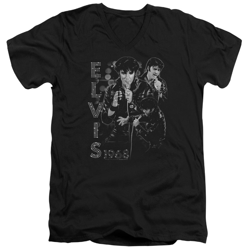 AN OFFCIALLY LICENSED ELVIS PRESLEY LEATHERED MEN'S V-NECK T-SHIRT BLACK