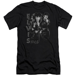 AN OFFCIALLY LICENSED ELVIS PRESLEY LEATHERED MEN'S PREMIUM SLIM FIT T-SHIRT BLACK