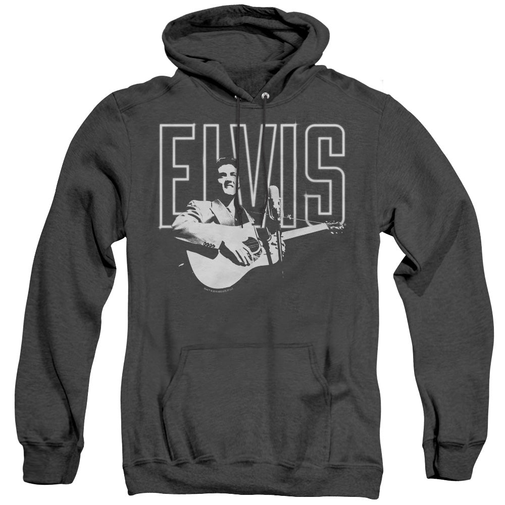 AN OFFCIALLY LICENSED ELVIS PRESLEY WHITE GLOW ADULT UNISEX HEATHER PULLOVER HOODIE BLACK