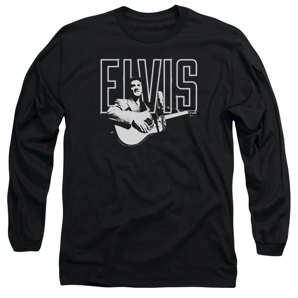 AN OFFCIALLY LICENSED ELVIS PRESLEY WHITE GLOW MEN'S LONG SLEEVE T-SHIRT BLACK