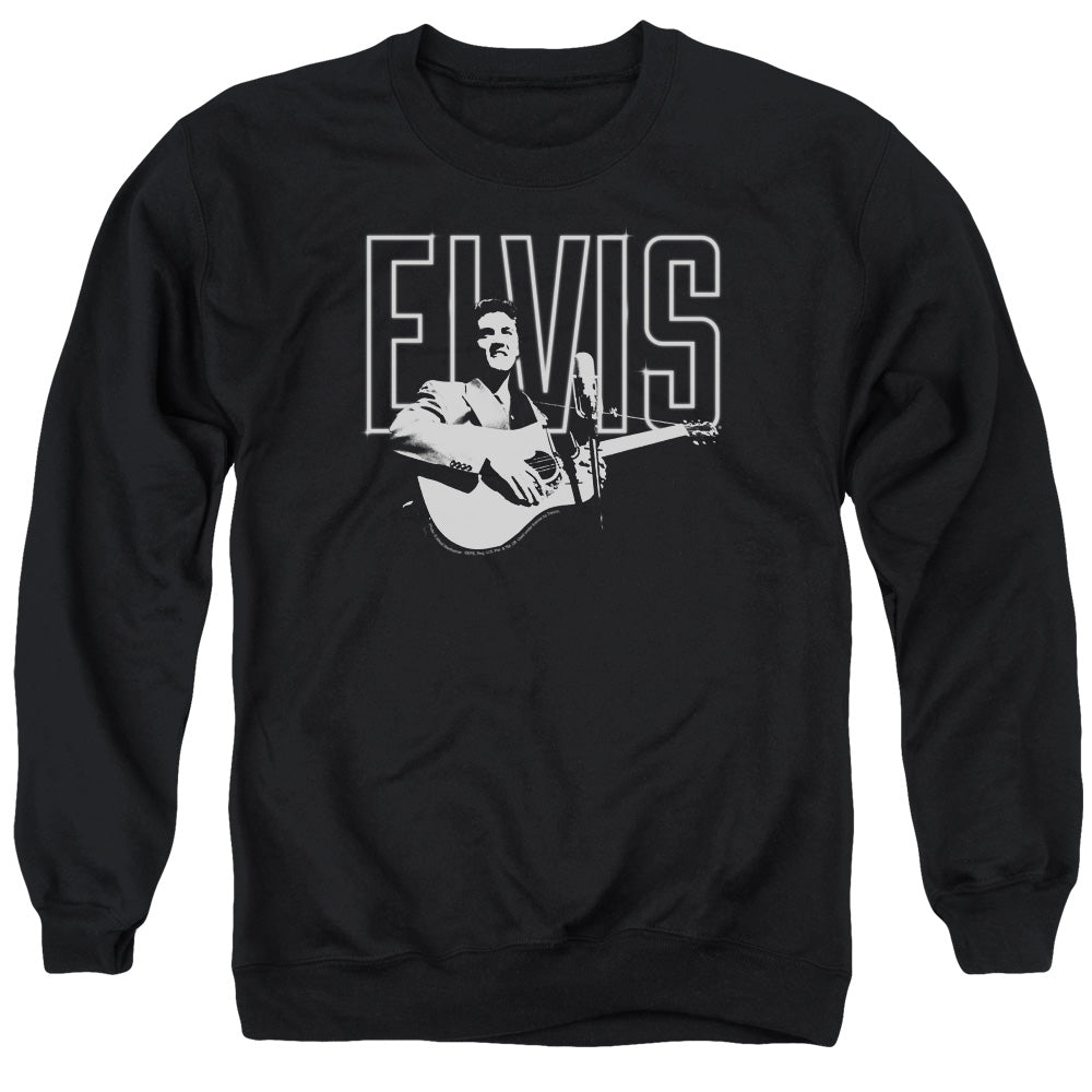 AN OFFCIALLY LICENSED ELVIS PRESLEY WHITE GLOW ADULT UNISEX CREWNECK SWEATSHIRT BLACK