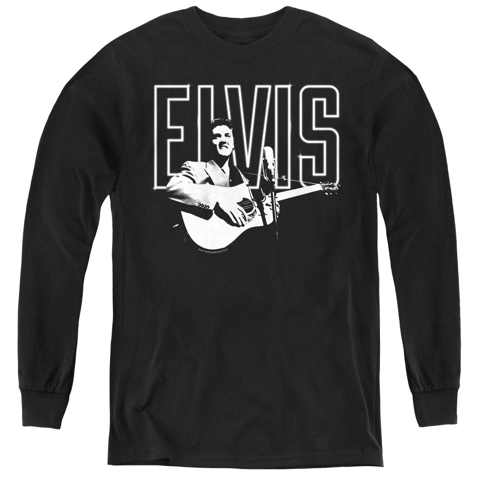 AN OFFCIALLY LICENSED ELVIS PRESLEY WHITE GLOW YOUTH LONG SLEEVE T-SHIRT BLACK