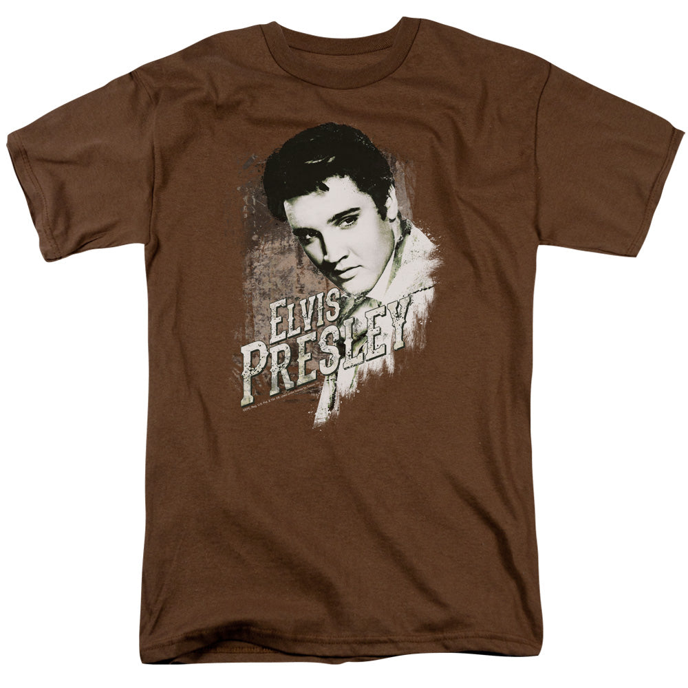 AN OFFCIALLY LICENSED ELVIS PRESLEY RUGGED ELVIS MEN'S REGULAR FIT T-SHIRT COFFEE