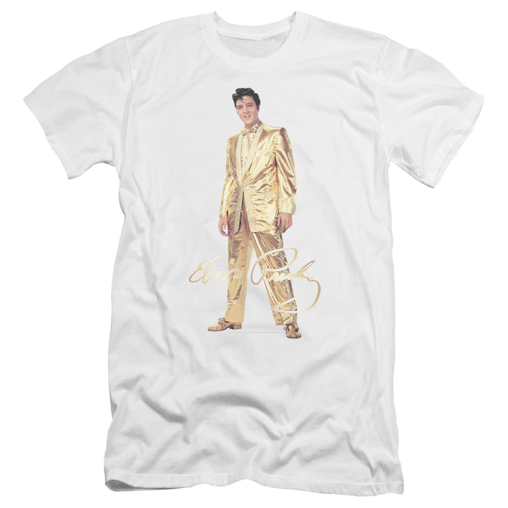 AN OFFCIALLY LICENSED ELVIS PRESLEY GOLD LAME SUIT MEN'S PREMIUM SLIM FIT T-SHIRT WHITE