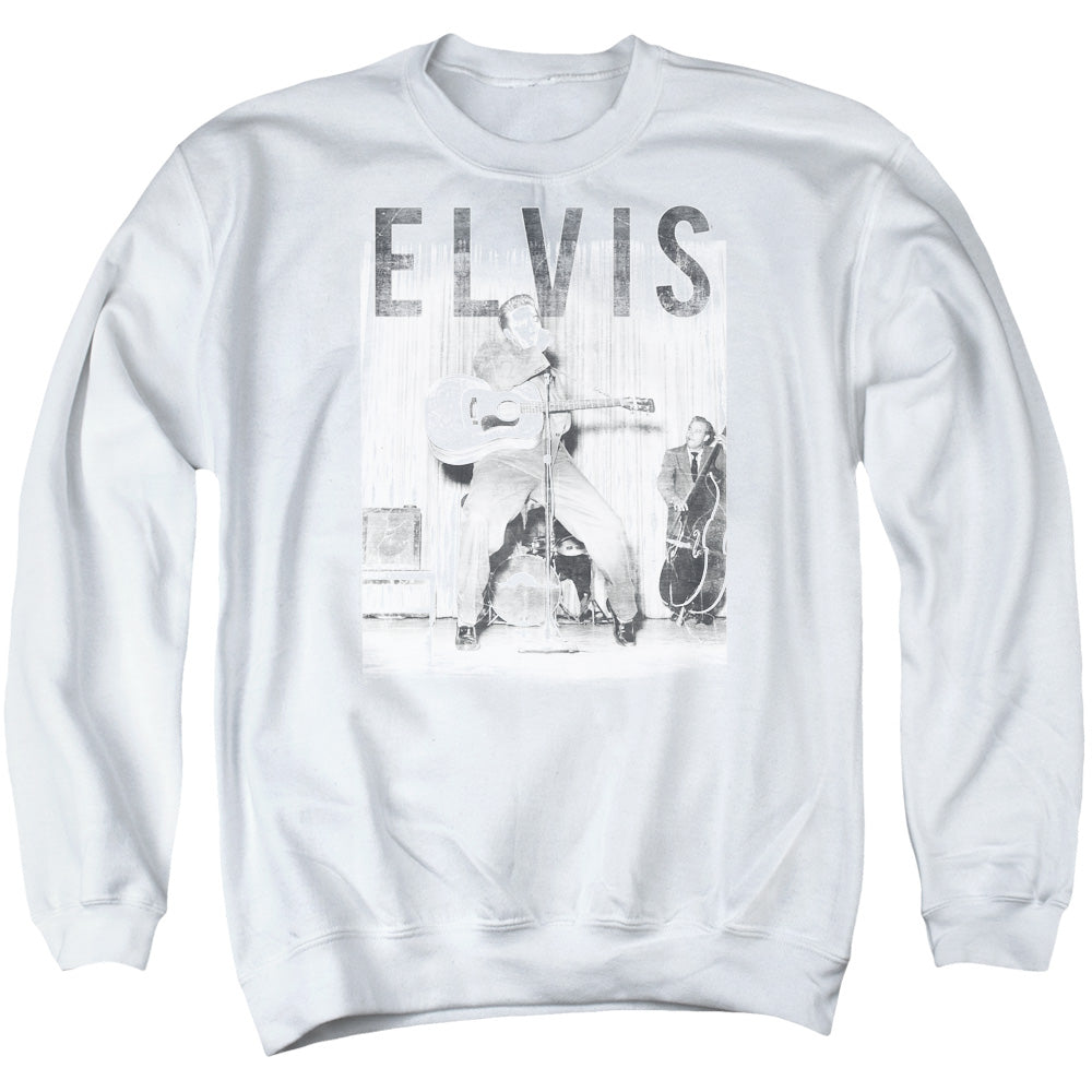 AN OFFCIALLY LICENSED ELVIS PRESLEY WITH THE BAND ADULT UNISEX CREWNECK SWEATSHIRT WHITE