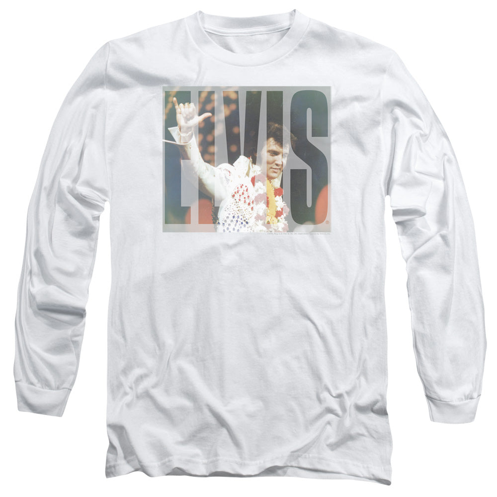 AN OFFCIALLY LICENSED ELVIS PRESLEY ALOHA KNOCKOUT MEN'S LONG SLEEVE T-SHIRT WHITE