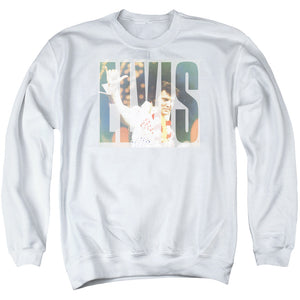 AN OFFCIALLY LICENSED ELVIS PRESLEY ALOHA KNOCKOUT ADULT UNISEX CREWNECK SWEATSHIRT WHITE