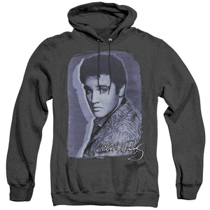 AN OFFCIALLY LICENSED ELVIS PRESLEY OVERLAY ADULT UNISEX HEATHER PULLOVER HOODIE BLACK