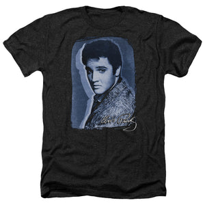 AN OFFCIALLY LICENSED ELVIS PRESLEY OVERLAY MEN'S HEATHER T-SHIRT CHARCOAL