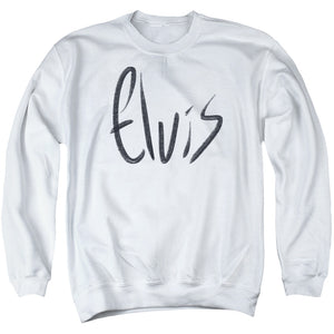 AN OFFCIALLY LICENSED ELVIS PRESLEY SKETCHY NAME ADULT UNISEX CREWNECK SWEATSHIRT WHITE
