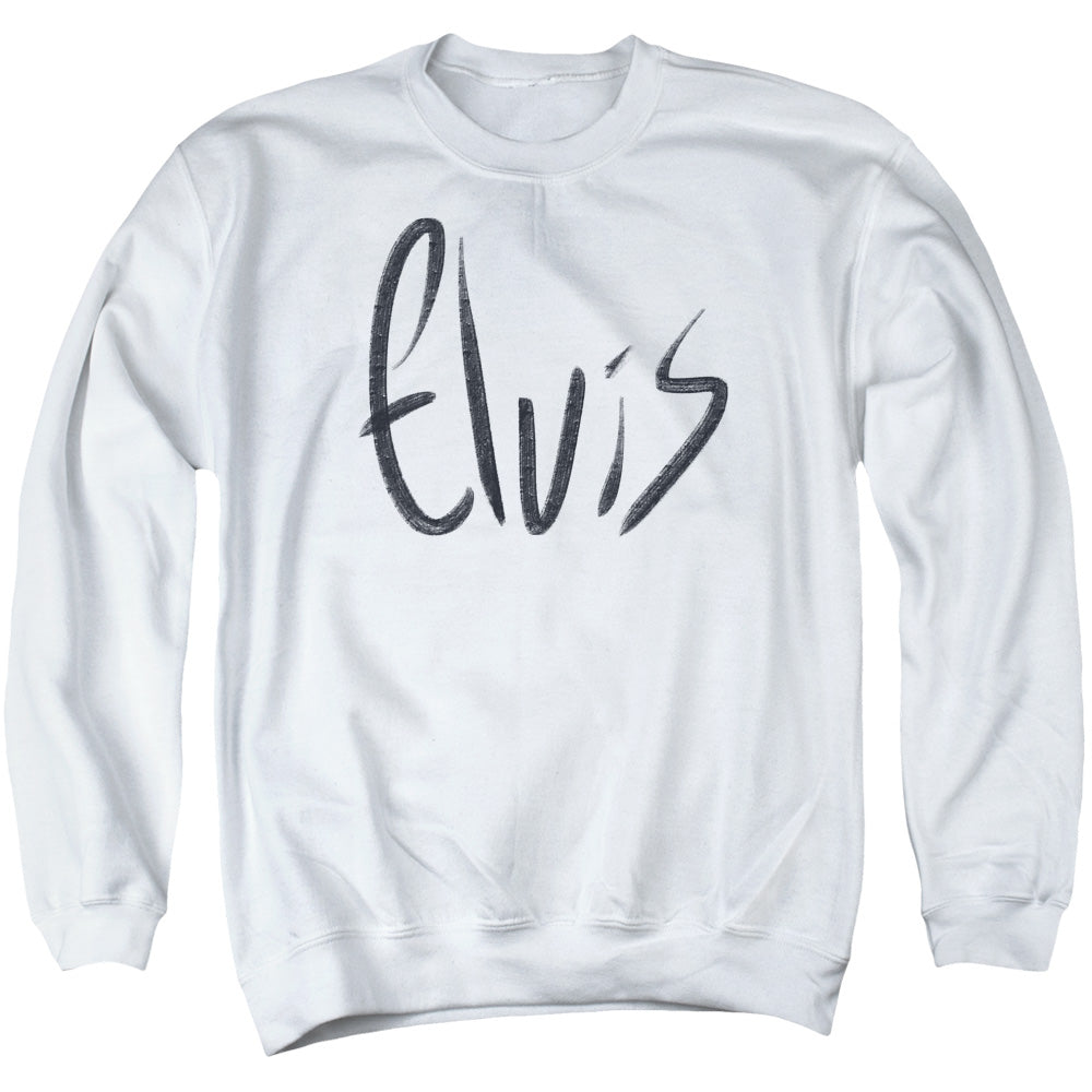 AN OFFCIALLY LICENSED ELVIS PRESLEY SKETCHY NAME ADULT UNISEX CREWNECK SWEATSHIRT WHITE