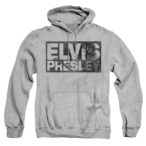 AN OFFCIALLY LICENSED ELVIS PRESLEY BLOCK LETTERS ADULT UNISEX PULLOVER HOODIE ATHLETIC HEATHER